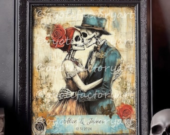 May include: A framed art print featuring a couple of skeletons dressed in vintage clothing and holding each other. The skeletons are surrounded by flowers and the text "Alice & James 12.31.2024" is at the bottom of the print.