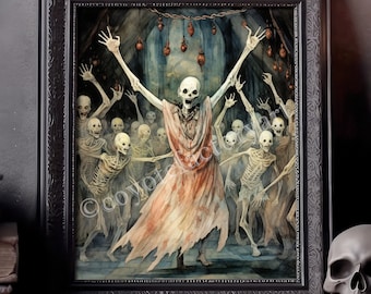 May include: A framed watercolor painting of a skeletal figure in a flowing white dress dancing with other skeletons. The painting has a dark and eerie atmosphere, with a background of a dark room with chains and hanging fruit.