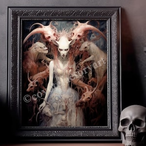 Horror Weird Bizarre Woman with Macabre Creatures, Spooky Surreal Illustration Poster Print or Canvas, Disturbing Gothic Art