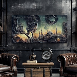Steampunk Painting Wall Art, Futuristic City Art, Dystopian Wall Canvas, Modern Abstract Wall Decor, Unique Avant Garde Art, Gift For Dad