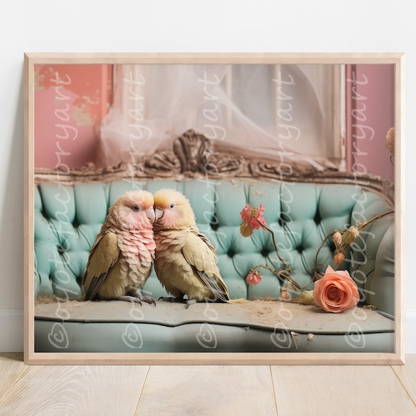 Lovebirds Poster Print or Canvas, Cute Loving Romantic Couple of Kissing Birds on a Couch, Shabby Chic Anniversary Gift