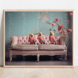 Familia de 3 pajaritos decoración de pared, impresión o lienzo de póster de pájaros lindos y divertidos, pájaros pastel en un sofá, arte de pared rústico Shabby Chic