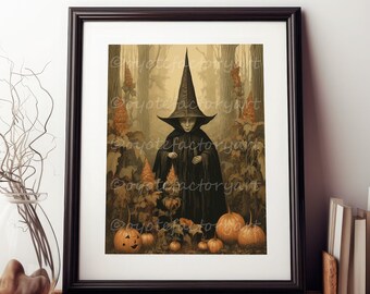 Vintage Forest Witch Art Print or Canvas, Dark Academia Halloween Decor