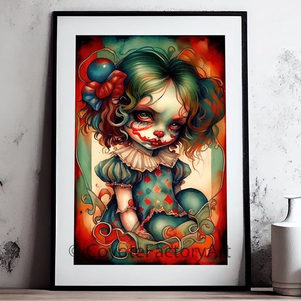 Gloomy Little Clown Cute Girl, Watercolor Illustration Poster Print or Canvas Wrapped, Sad Blythe Doll Home Decor