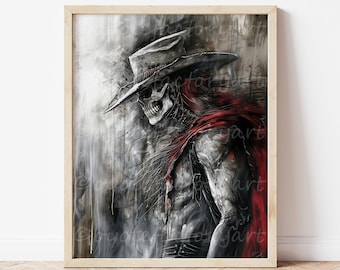 Cowboy Skull Painting Poster Print or Canvas, Cowboy Skeleton, Western Gothic Home Decor, Scary Macabre Art, Southwestern