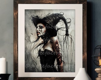 Creepy Gothic Witch Poster Print or Canvas, Spooky Macabre Home Decor, Halloween Fall Goth Witchcraft, Horror Gothic Dark Girl Painting
