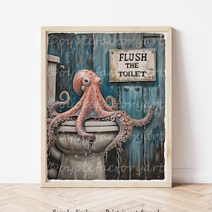 Octopus Flush The Toilet Funny Bathroom Rules Poster Print or Canvas, Retro Vintage Restroom Illustration, Toilet Gift Home Decor