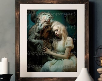 Bizarre Alt Love, Woman Hugging Macabre Beast Creature, Disturbing Beauty Art, Beautiful Weird Romance Girl, Spooky Poster Print or Canvas