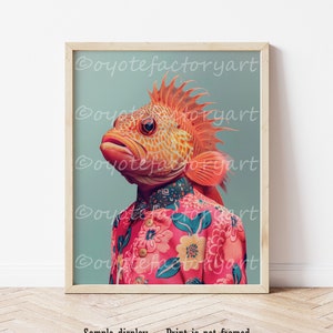 May include: A digital illustration of a fish with a human body wearing a pink and green floral patterned shirt. The fish has a red and orange body with white spots and a spiky orange fin.