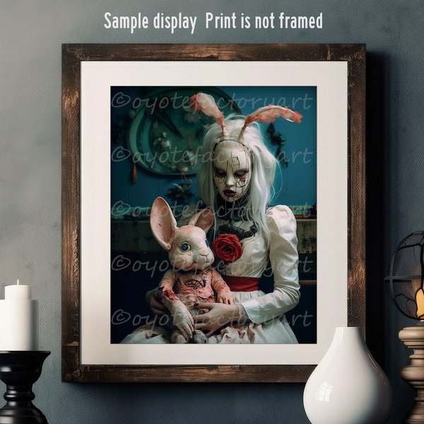 Horror Creepy Bunny Cute Girl, Weird Spooky Rabbit Mask, Scary Poster Print or Canvas, Disturbing Macabre Art