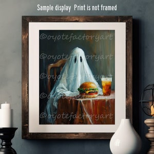 Ghost Eating Burger, Ghost Drinking Soda Painting Poster Print or Canvas, Dark Academia Home Decor, Funny Kitchen Wall Art