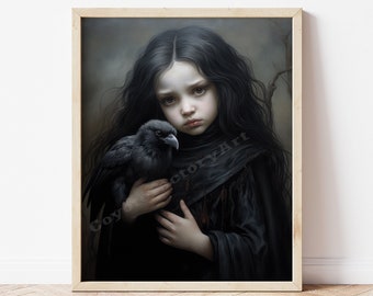 Puede incluir: Una niña de cabello oscuro con una expresión sombría sostiene un cuervo negro en sus brazos. Lleva un vestido negro con cuello alto y una chalina oscura. El fondo es un bosque oscuro y melancólico.