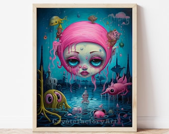 Big Eyes Girl Art Print, Lowbrow Pop Surrealism Poster or Canvas