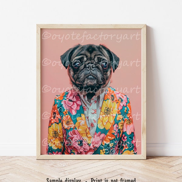 Pug Fancy Fashion Art Poster Print or Canvas, Maximalist French Bulldog Fashionista Contemporary Altered Animal in Clothes Artwork