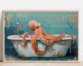 Octopus in Bathtub Art Print or Canvas, Funny Nautical Bathroom Decor