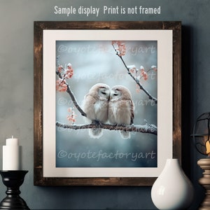 Owls in Love Poster Print or Canvas, Winter Lovebirds Wall Art, Cute Loving Romantic Couple of 2 Kissing Owls on a Branch, Wedding Gift