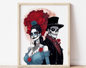 Day of the Dead Couple Print, Mexican Wedding Art, Calavera Illustration