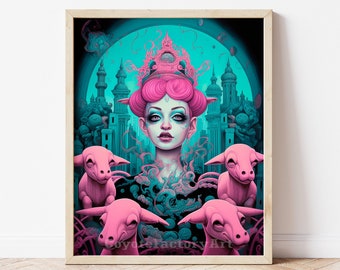 Pop Surrealist Art Print, Weird Girl and Goats, Strange Home Decor
