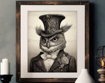 Owl Gothic Victorian Portrait Poster Print or Canvas, Animal Vintage Dark Academia Home Decor, Cottagecore Animal Wall Art