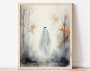 Creepy Cute Ghost Watercolor Print, Fall Halloween Decor
