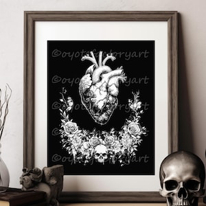 Human Heart, Skull and Flowers, Gothic Print or Canvas, Macabre Goth Anatomy Gift, Dark Creepy Love Wall Decor, Occult Illustration