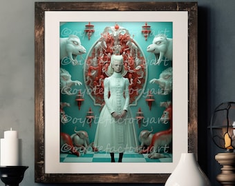 Scary Pop Surrealism, Weird Lady and Creatures, Surreal Strange Woman Fantasy Art Poster Print or Canvas, Modern Creepy Statues Animal