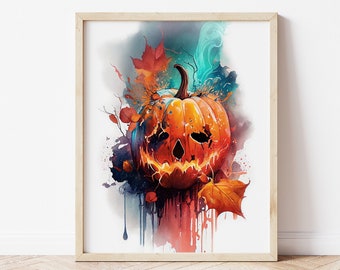 Watercolor Halloween Pumpkin Print, Spooky Jack o Lantern Art