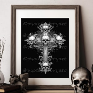 Dark Cross and Skull Wall Art, Gothic Cross Print or Canvas, Macabre Goth Gift, Dark Creepy Wall Decor, Occult Illustration, Black and White