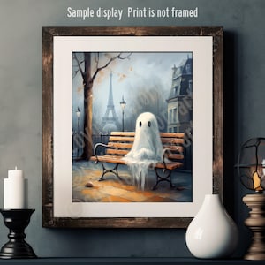 Ghost on a Bench in Paris Eiffel Tower Poster Print or Canvas, French Fall Halloween Decor, Cottage Gift Wall Art, Sad Romantic Cute Ghost