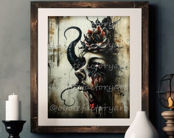 Gothic Horror Flowers and Face, Weird Spooky Woman, Scary Poster Print or Canvas, Disturbing Macabre Art, Creepy Surreal Painting Dark Art