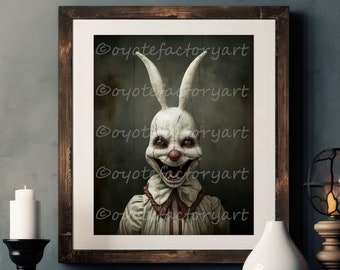 Creepy Bunny Clown, Spooky Horror Vintage Scary Carnival Circus Rabbit Poster Print or Canvas, Weird Gift