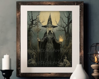 Forest Vintage Witch Illustration Poster Print or Canvas, Retro Dark Academia Home Decor, Moon Occult Halloween Goth Witchcraft Art
