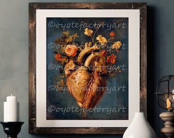 Human Heart Flowers Painting Poster Print or Canvas, Dark Academia Creepy Decor, Gothic Wall Art, Anatomical Gift
