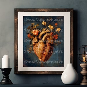 Human Heart Flowers Painting Poster Print or Canvas, Dark Academia Creepy Decor, Gothic Wall Art, Anatomical Gift