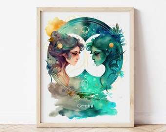 Gemini Zodiac Watercolor Print, Astrology Wall Art
