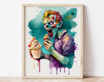 Zombie Eating Ice Cream Watercolor Art Print, Creepy Horror Decor