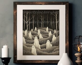 May include: A digital illustration of a group of white ghosts in a dark forest. The ghosts are standing in a line, with their arms outstretched. The forest is dark and mysterious, with tall trees and a thick undergrowth.