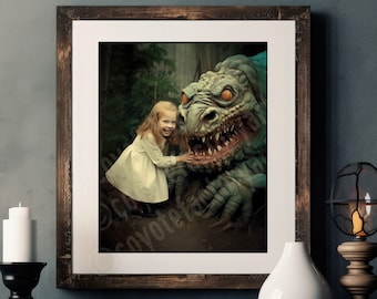 Creepy Monster and Girl Art Print or Canvas, Fantasy Wall Decor