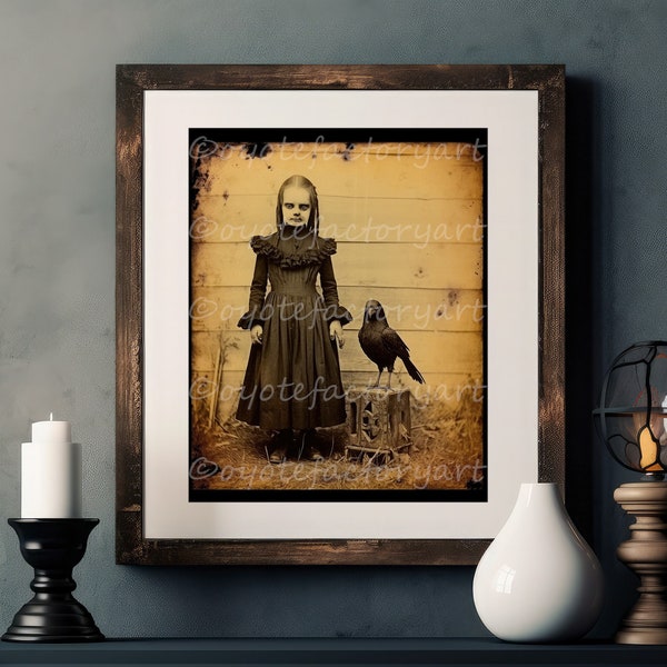 Weird Creepy Girl and Dark Raven, Odd Vintage Freak Art, Gothic Occult Disturbing Poster Print or Canvas, Bizarre Horror Halloween Gift