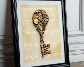 May include: Framed artwork featuring a detailed, steampunk-style key. The key is composed of gears, cogs, and other mechanical elements in shades of gold, bronze, and copper. The artwork is set against a beige background and framed in a black frame. The text "coyotefactoryart" is repeated on the background.