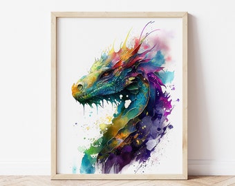 Watercolor Dragon Print, Mythical Creature Art, Fantasy Home Decor