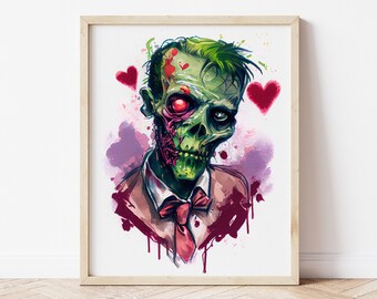 Zombie Watercolor Painting, Creepy Valentine's Day Art Print or Canvas