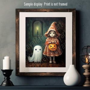 Halloween Trick or Treat Cute Little Witchy Girl, Pumpkin Ghost Poster Print or Canvas, Nursery Home Decor, Spooky Season, Gift For Kids