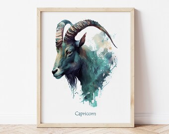 Capricorn Zodiac Watercolor Art Print, Horoscope Wall Decor