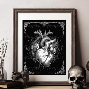 Gothic Heart Print or Canvas, Macabre Goth Anatomy Gift, Dark Creepy Love Wall Decor, Black and White Vintage Illustration