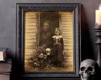 Macabre Girl and Skull Print, Dark Academia Oddities Art