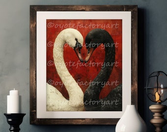 Two Swans in Love Poster Print or Canvas, Heart Shape, Black White Birds Painting, Wedding Gift For Couple