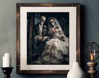 Gothic Skeleton Wedding Couple Print, Dark Romantic Art