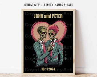 Personalized Gay Zombie Wedding Print, Alternative Couple Gift