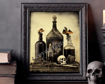 Witchy Potion Bottles Print, Dark Academia Gothic Art, Macabre Halloween Decor
